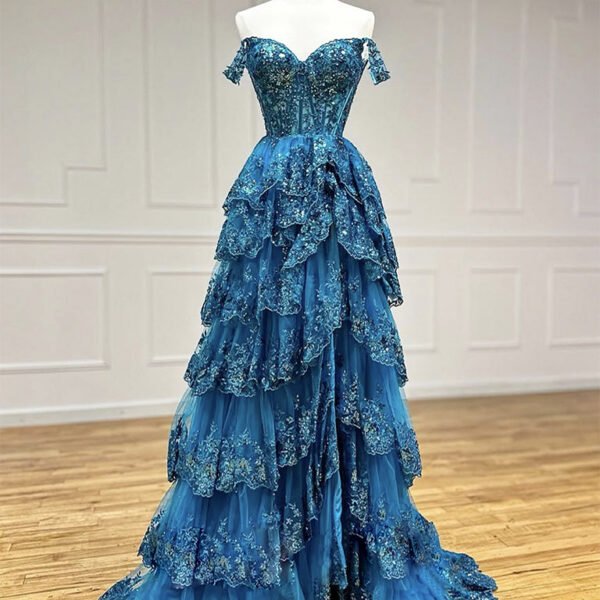 A-Line Tulle Sequin Blue Long Prom Dress. Blue Sequin Long Formal Dress