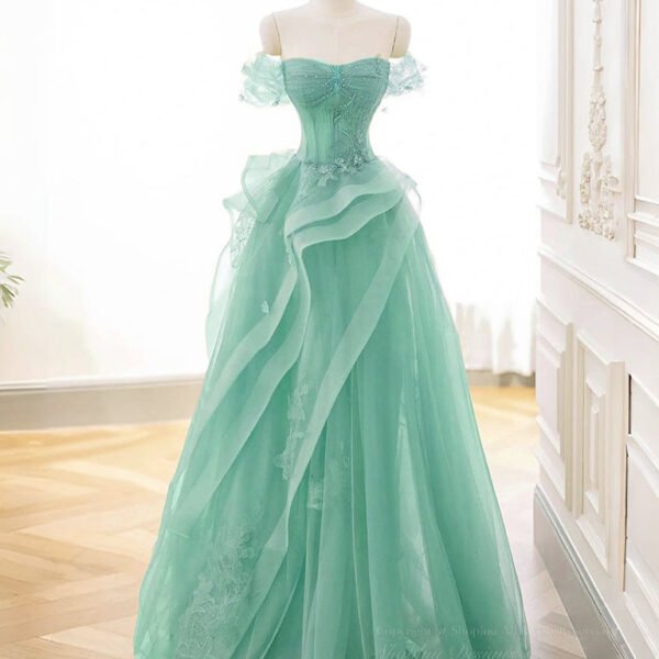 A-Line Off Shoulder Tulle Lace Mint Blue Long Prom Dress. Mint Blue Long Formal Dress