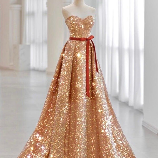 A-Line Sweetheart Neck Velvet Sequin Champagne Gold Long Prom Dress