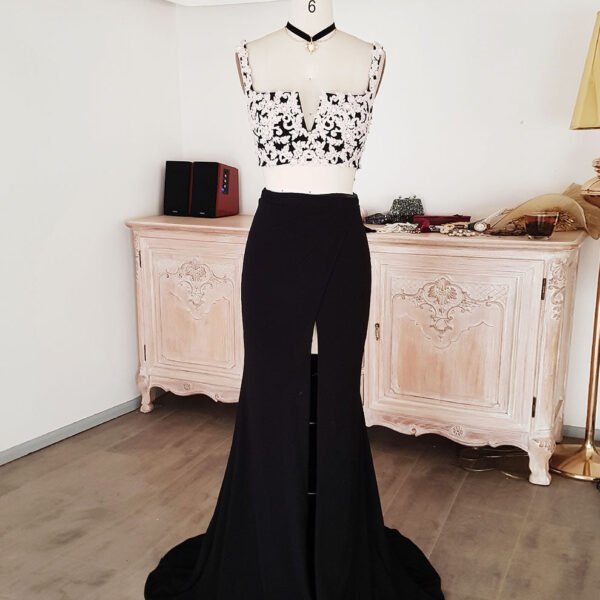 Black Lace Two Pieces Long Prom Dress. Black Evening Dress with Lace Beading