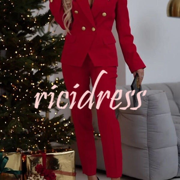 Time To Charm Lapel Button Pocket Long Sleeve Blazer Elastic Waist Pants Suit