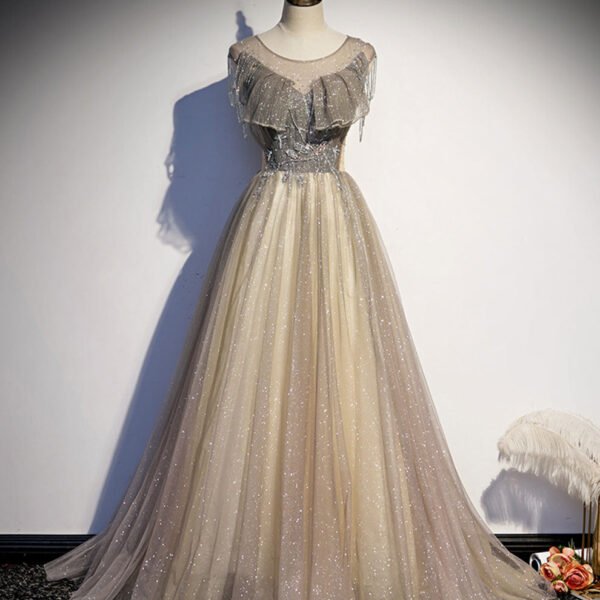 Champagne Round Neck Sequin Long Prom Dress Tulle Formal Dress