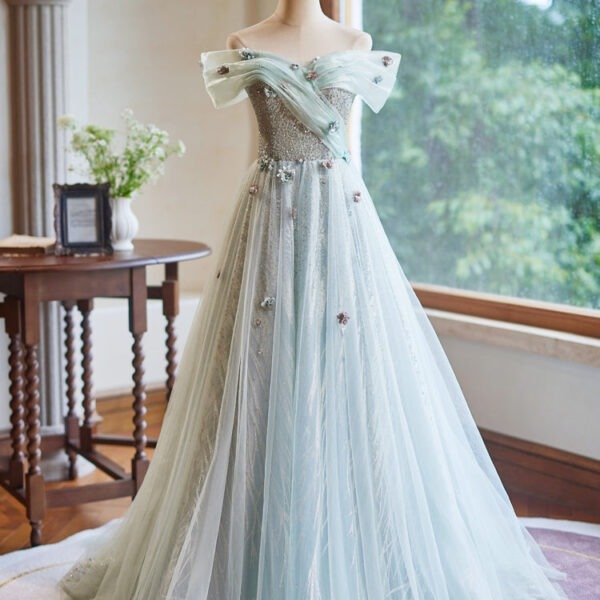 A-Line Off Shoulder Tulle Green Long Prom Dress. Green Long Evening Dress
