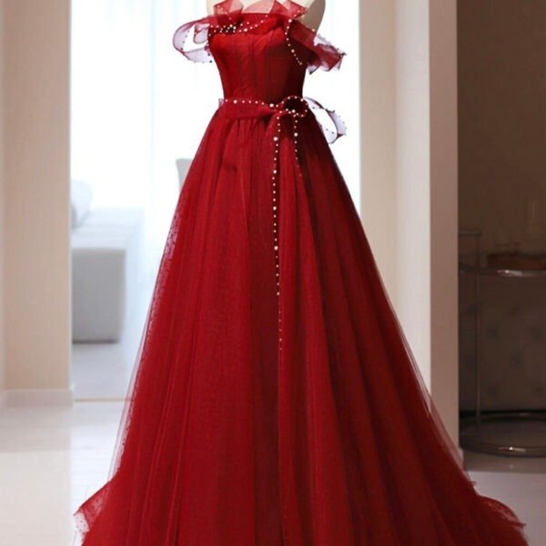 Burgundy A-Line Tulle Long Prom Dress. Burgundy Tulle Formal Dress