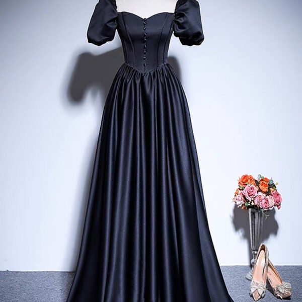 A-Line Satin Puff Sleeves Black Long Prom Dress. Black Long Evening Dress