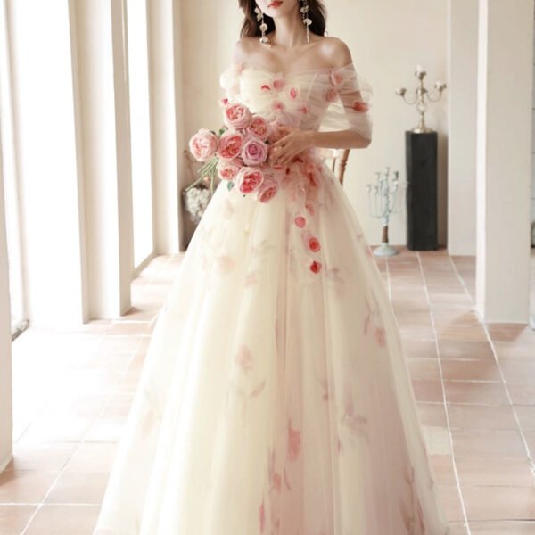 A-Line Off Shoulder Tulle Champagne Long Prom Dress. Champagne Long Formal Dress