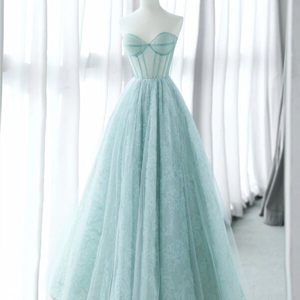 A-Line Sweetheart Neck Tulle Lace Blue Long Prom Dress. Blue Long Formal Dress