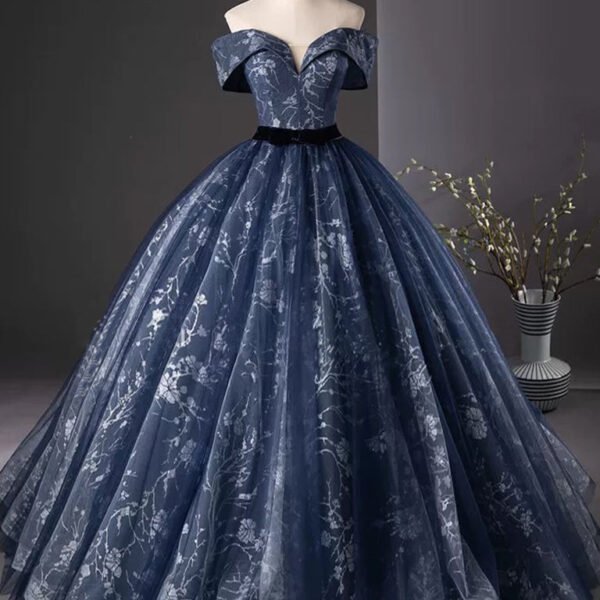 A-Line Off Shoulder Tulle Lace Dark Blue Long Prom Dress. Dark Blue Long Formal Dress