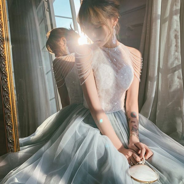 Gray Tulle Sequin Long Prom Dress. Tulle Formal Graduation Dress with Beading