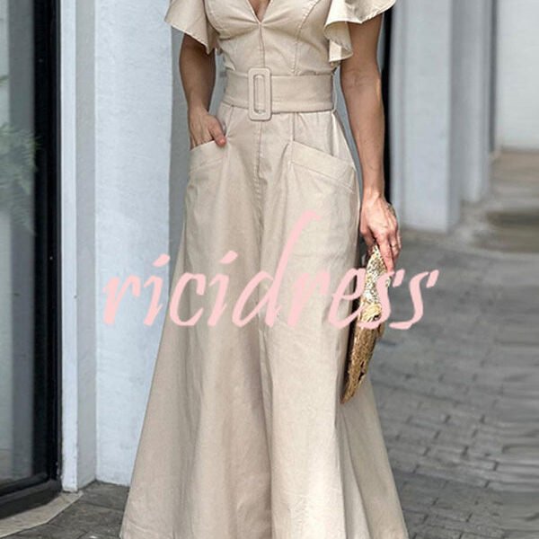 Solid Ruffle Sleeve V Neck High Waist Pocket Maxi Dress