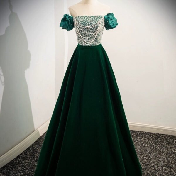 A-Line Velvet Sequin Beads Green Long Prom Dress. Velvet Green Long Formal Dress