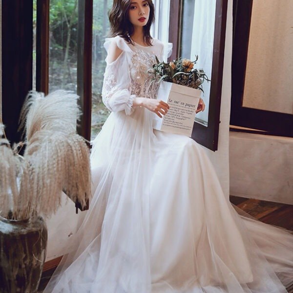 Light Champagne Long Prom Dress. Formal Evening Party Dress with Lace