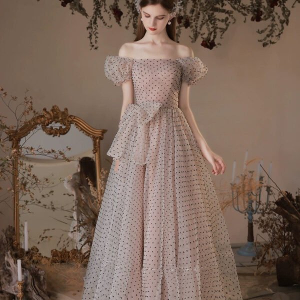 A-Line Short Sleeves Polka Dots Tulle Long Prom Dress With Bow