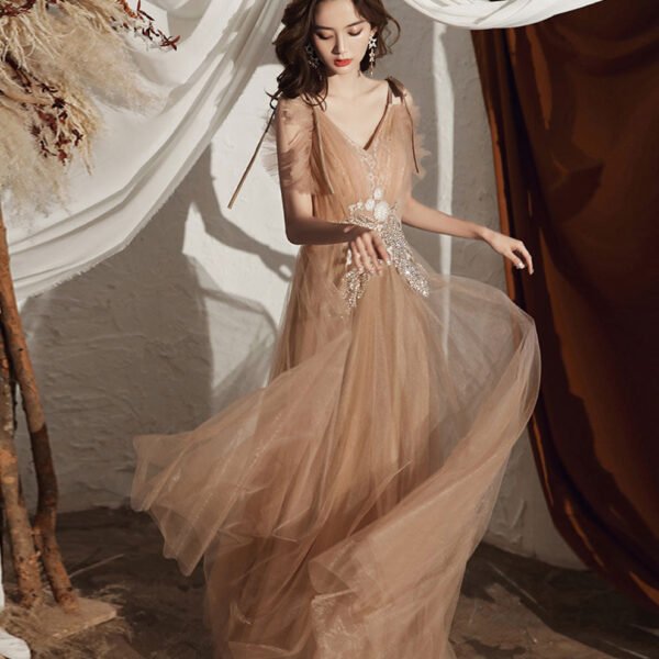 Champagne V Neck Tulle Lace Long Prom Dress Lace Tulle Graduation Dresses