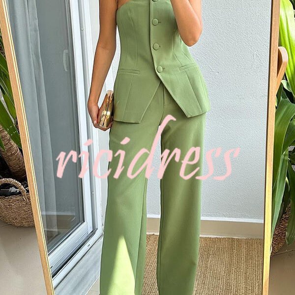 Extra Dose of Confidence Off Shoulder Button Top and Straight Pants Set