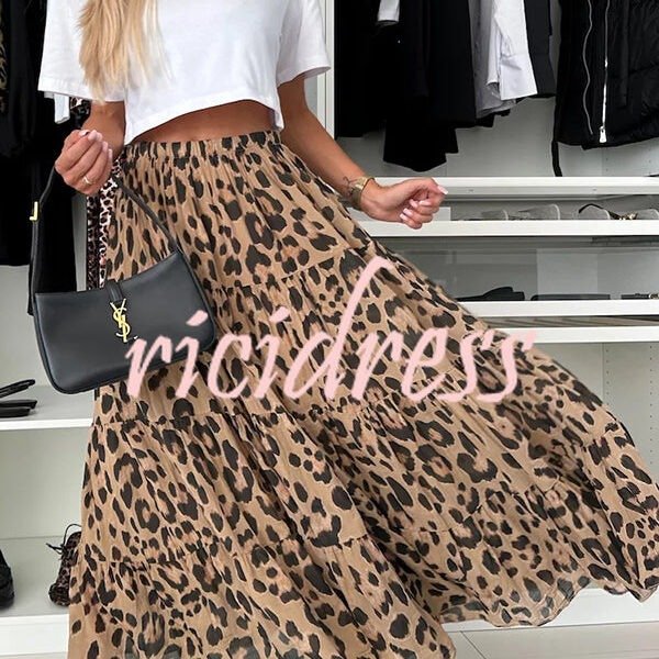 Unique and Comfortable Leopard Print Elastic Waist A-line Layered Maxi Skirt