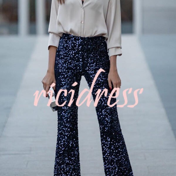 Diva Velvet Sequin High Rise Elastic Waist Flare Pants