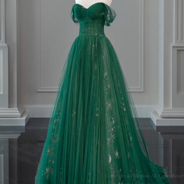 A-Line Off Shoulder Tulle Lace Green Long Prom Dress. Green Long Evening Dress