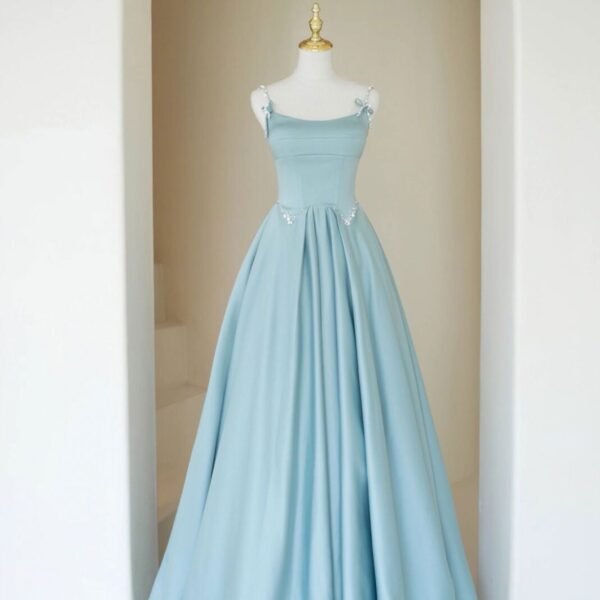 Simple A Line Satin Long Prom Dress. Blue Long Bridesmaid Dress