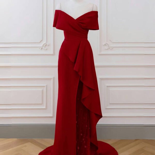 A-Line V Neck Off Shoulder Burgundy Long Prom Dress. Burgundy Long Formal Dress